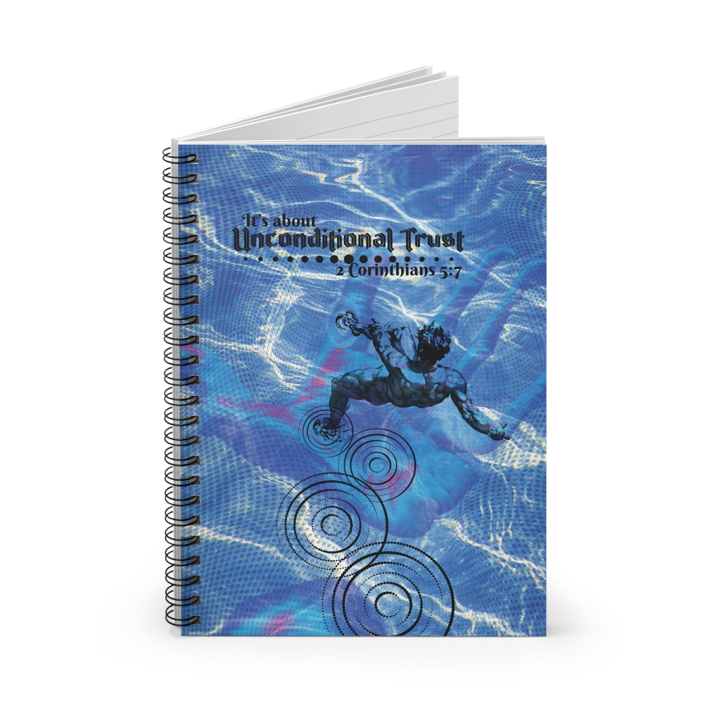 Angle view of slightly open Unconditional Trust Spiral Christian Journal a faith-based journal showing sturdy cover and bold artwork.