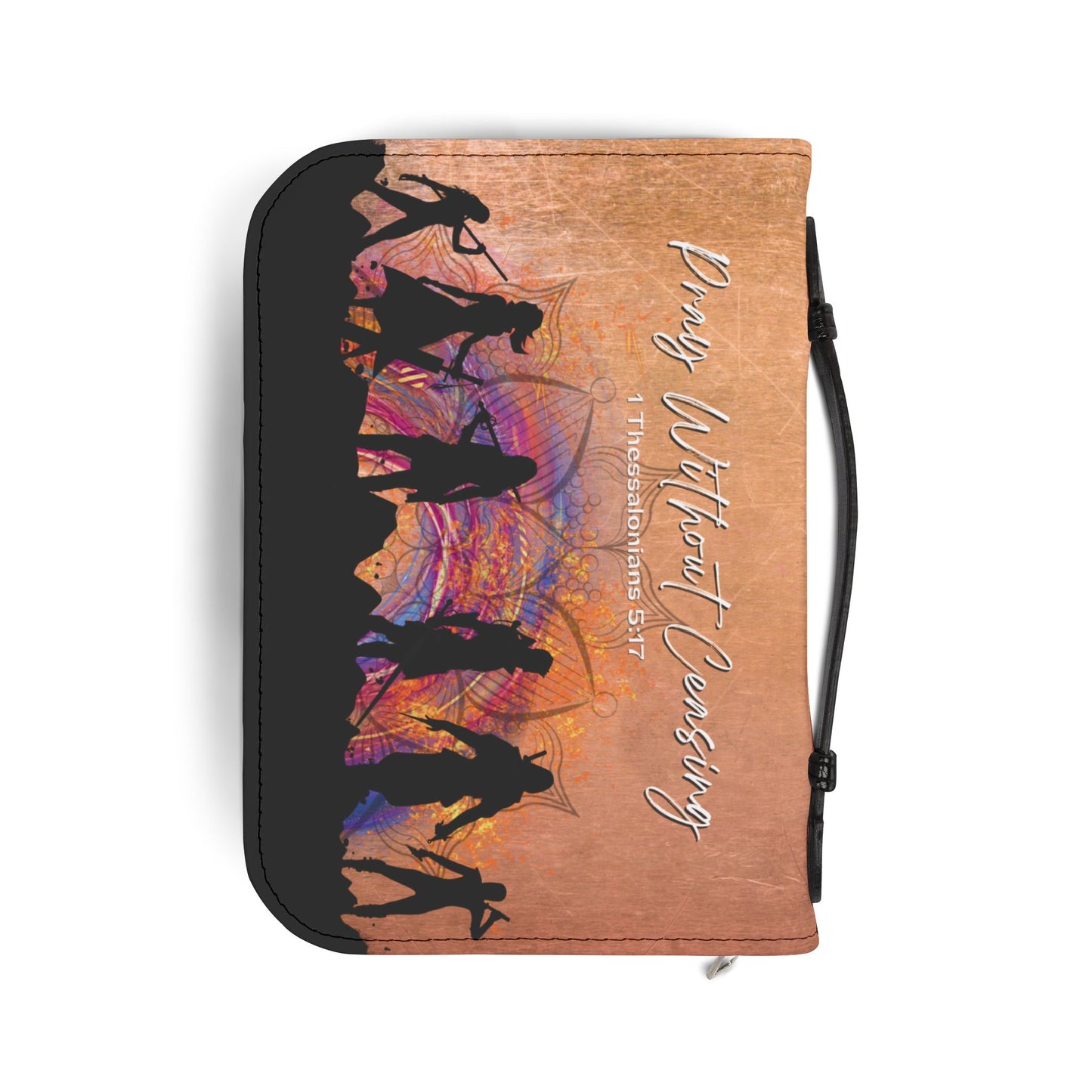 Back of the The Prayer Warrior's Bible Cover with with the scripture 'Pray Without Ceasing – 1 Thessalonians 5:17' and silhouettes of spiritual warriors consistent in prayer."