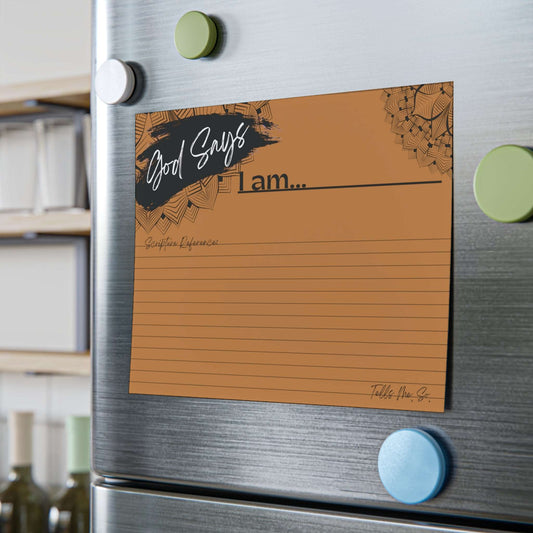 Biblical Affirmations Brown Post-it Note Pad 8 x 6 size example on fridge door.