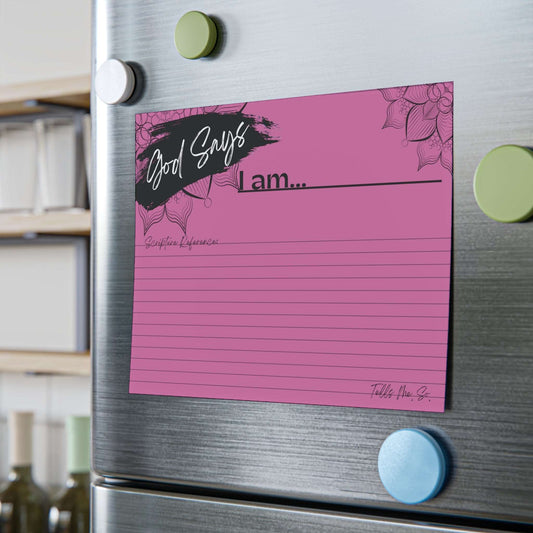 Biblical Affirmations Pink Post-it Note Pad 8 x 6 size example on fridge door.