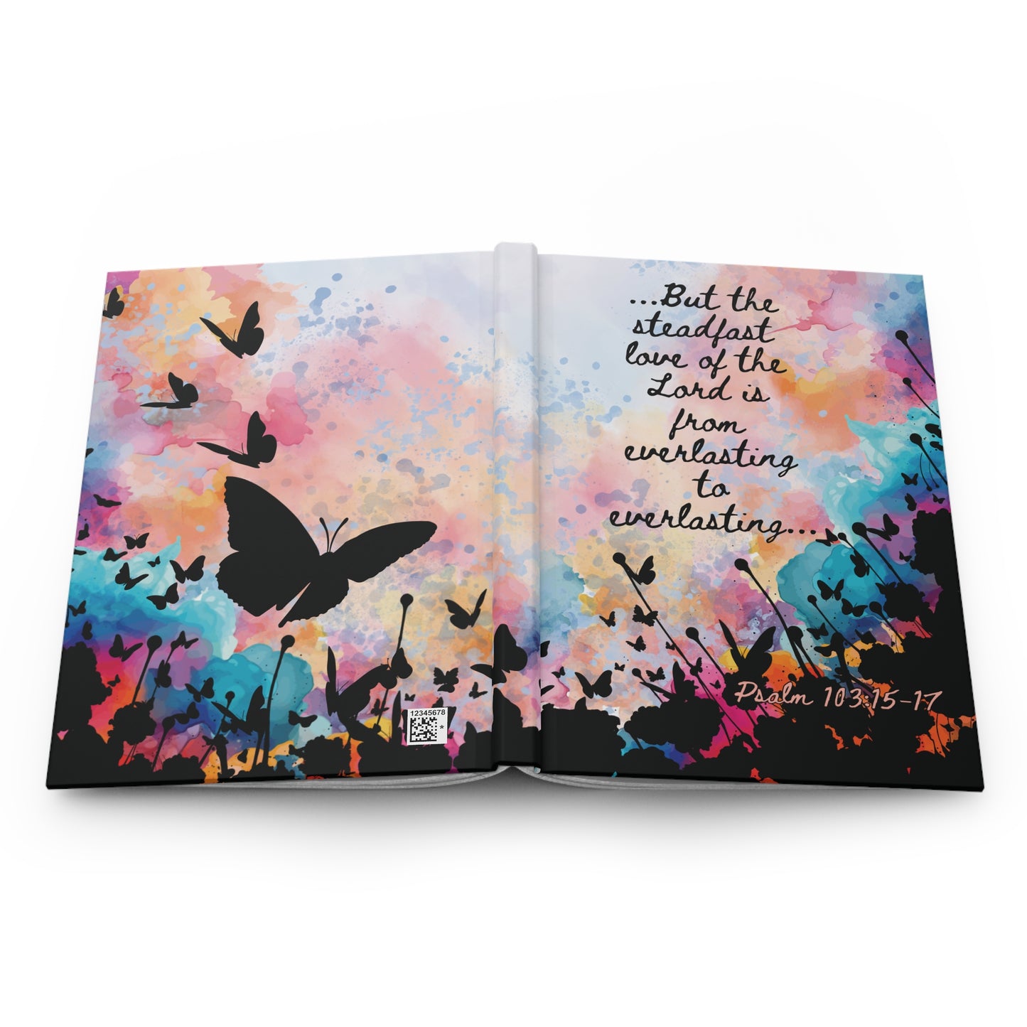 Everlasting to Everlasting Hardcover Christian Journal front and back covers lain flat to show it's matte finish and vibrant Christian illustration.