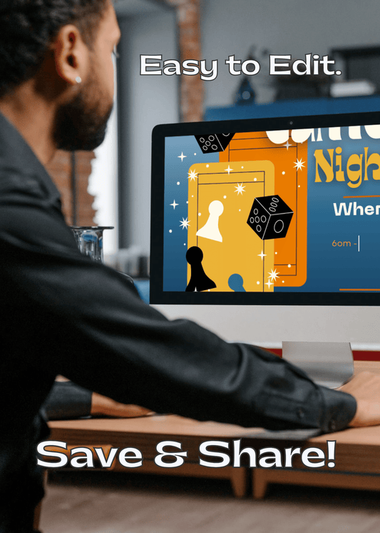 Youth Minister using a computer to edit the fillable pdf "Youth Game Night easily" flyer, the text 'Easy to Edit. Save & Share!' overlayed.