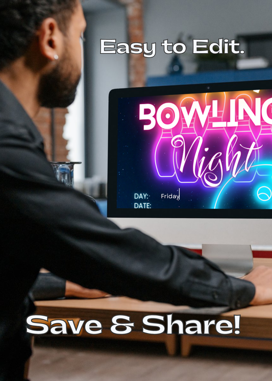 Person using a computer with the easily fillable 'Youth Bowling Night' event flyer on the screen.