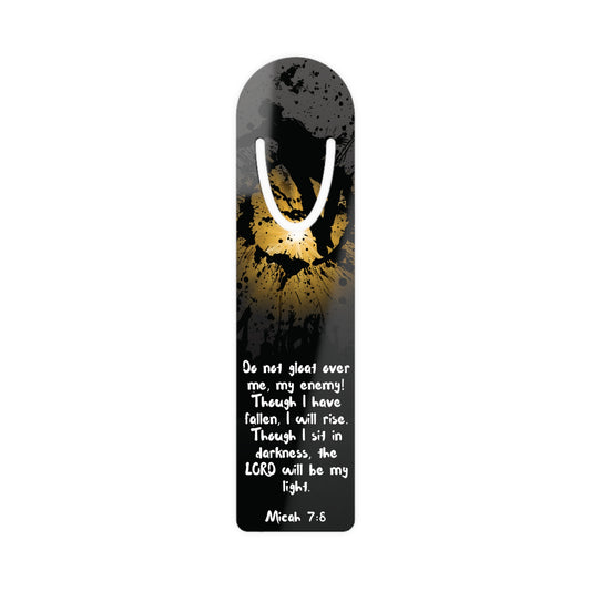 Front of the "Don't Gloat over me" Christian Bookmark with the uplifting Bible verse Micah 7:8 and modern art design capturing the spiritual tension in ink and glory.