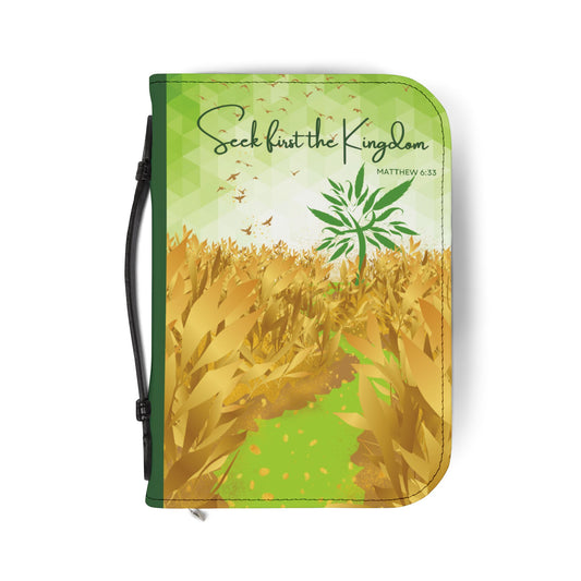 Front of the Seek First the Kingdom Bible Cover with the scriptural reminded from Matthew 6:33 to Seek First the Kingdom of God.