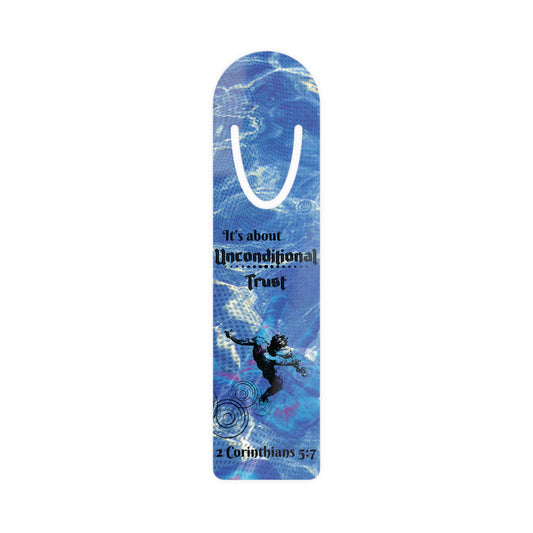 Front of the Unconditional Trust Christian Bookmark with a modern art design that points to the truth of 2 Corinthians 5:7: you’re supported, even when you can’t see it.