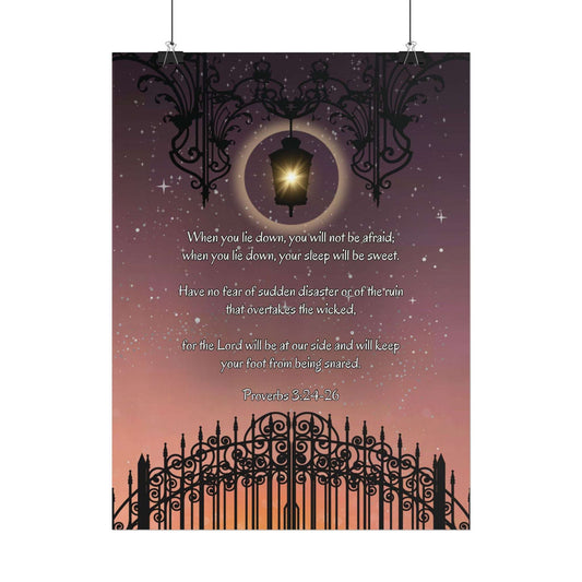 Proverbs 3: 24-26- 'When I lie down, I will not be afraid' Christian Art Poster 18 x 24 hanging, white background