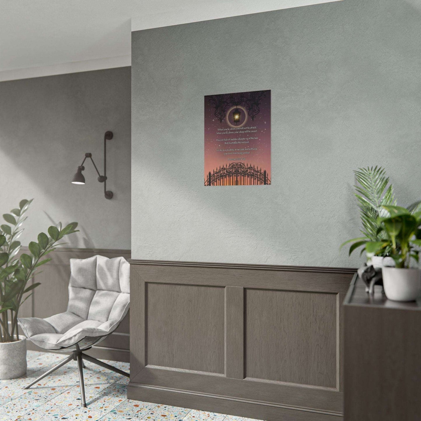 Proverbs 3: 24-26- 'When I lie down, I will not be afraid' Christian Art Poster 18 x 24 size example on wall in living room