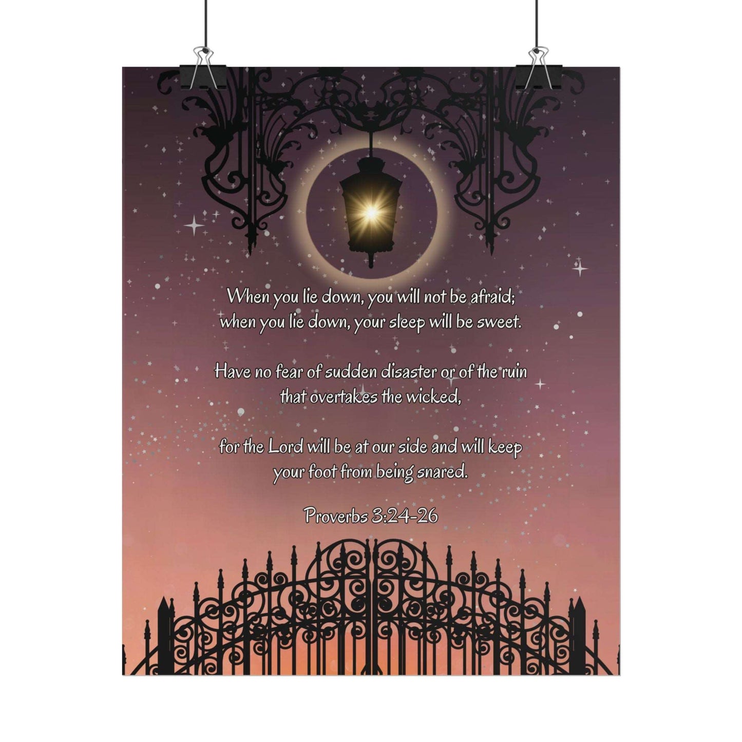Proverbs 3: 24-26- 'When I lie down, I will not be afraid' Christian Art Poster 24 x 32 hanging, white background