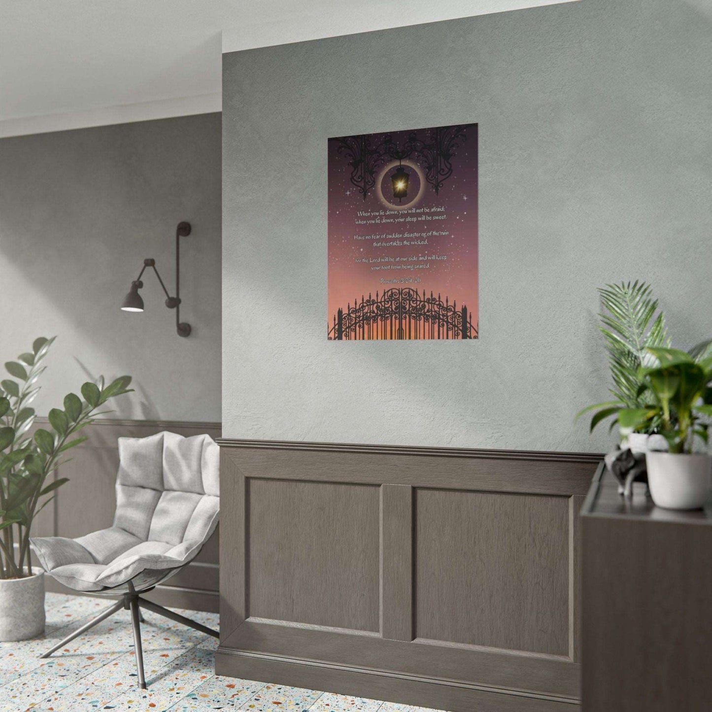 Proverbs 3: 24-26- 'When I lie down, I will not be afraid' Christian Art Poster 24 x 32 size example on wall in living room