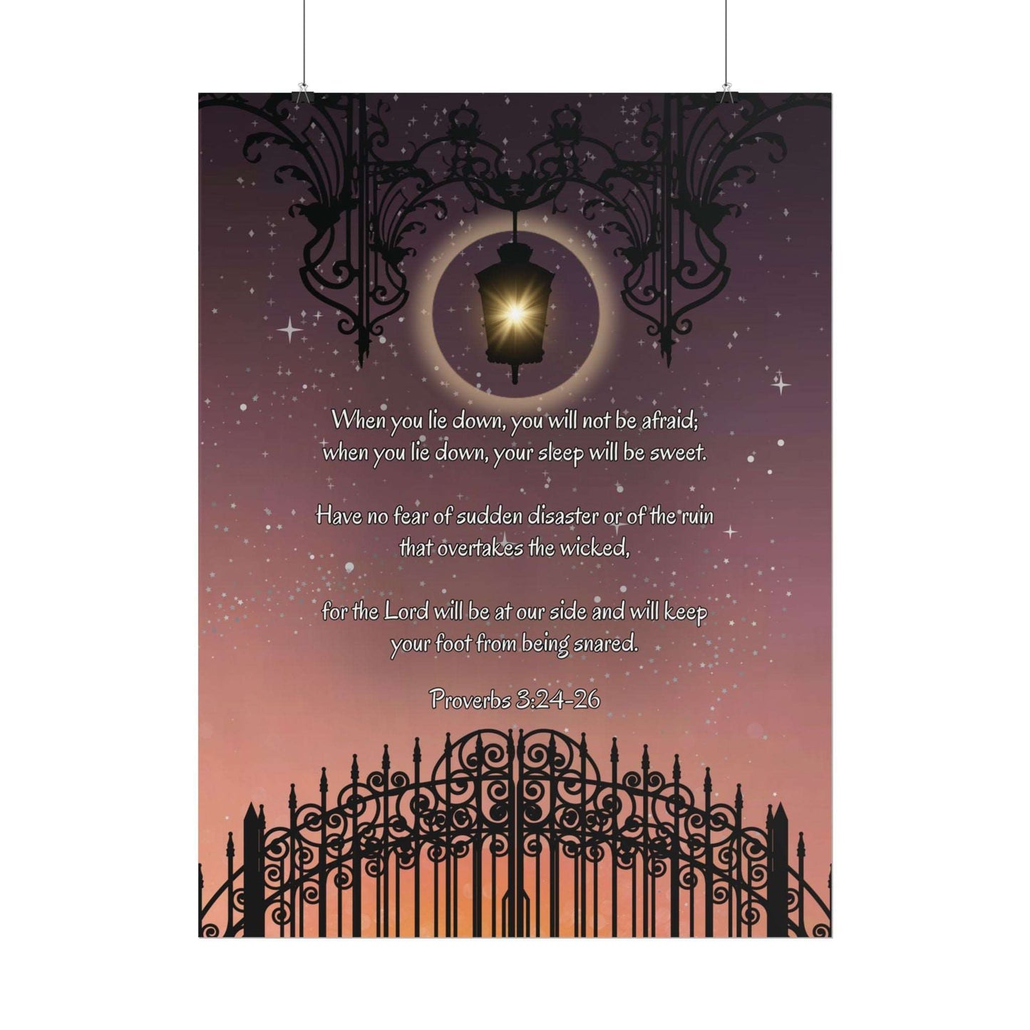 Proverbs 3: 24-26- 'When I lie down, I will not be afraid' Christian Art Poster 9 x 11 hanging, white background