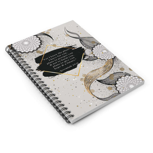 Jeremiah 29:11- 'God Knows the Plans He Has for You' Spiral Christian Journal Laying Flat Front Cover, no background