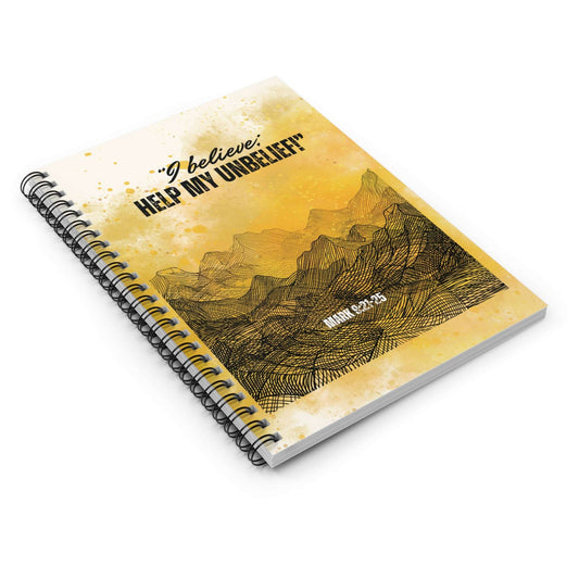 Mark 9:21-25- 'I Believe, Help My Unbelief!' Spiral Christian Journal Laying Flat Front Cover, no background