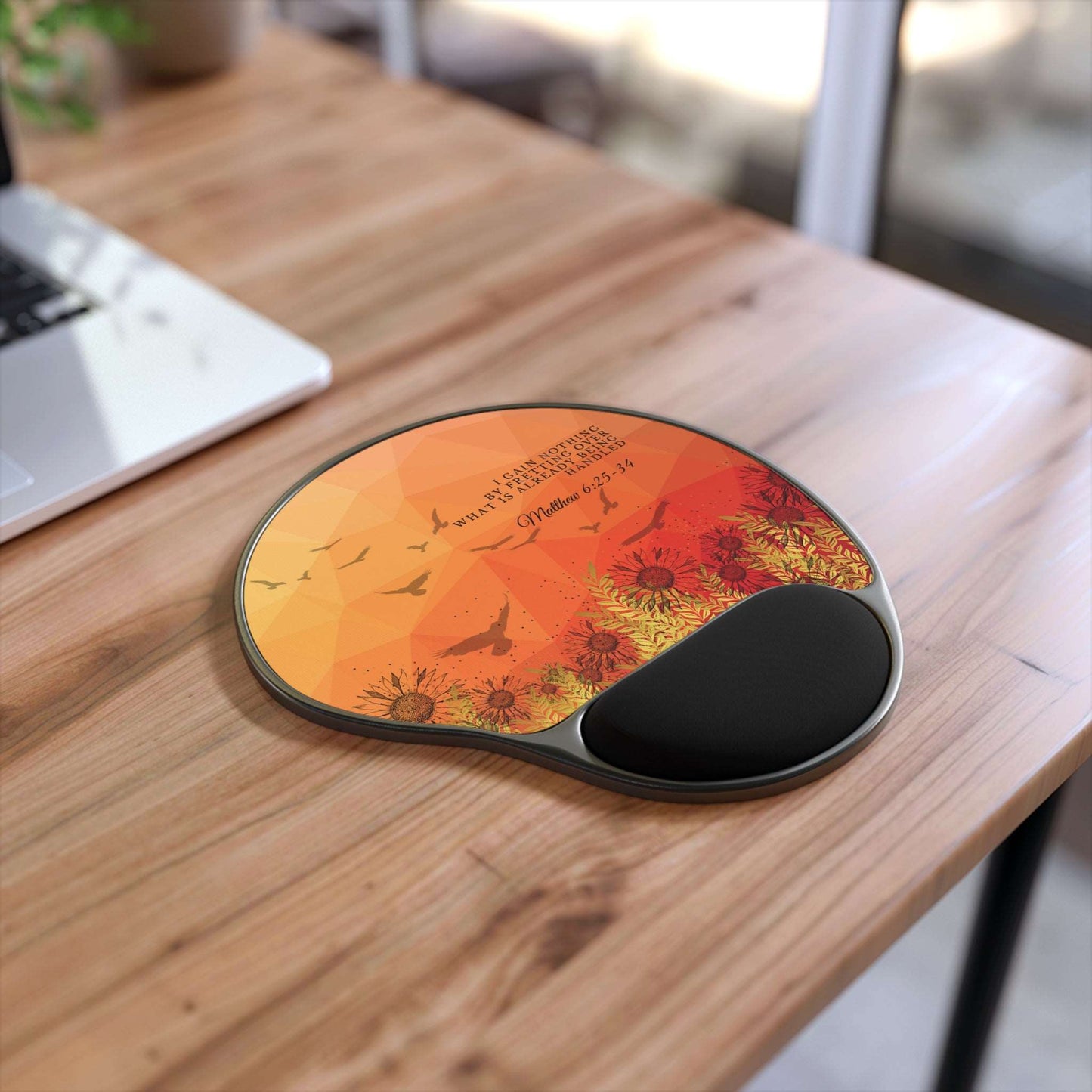 Matthew 6:25-34 - 'I Gain Nothing by Fretting' Scripture Mouse Pad angled view on desk near laptop.