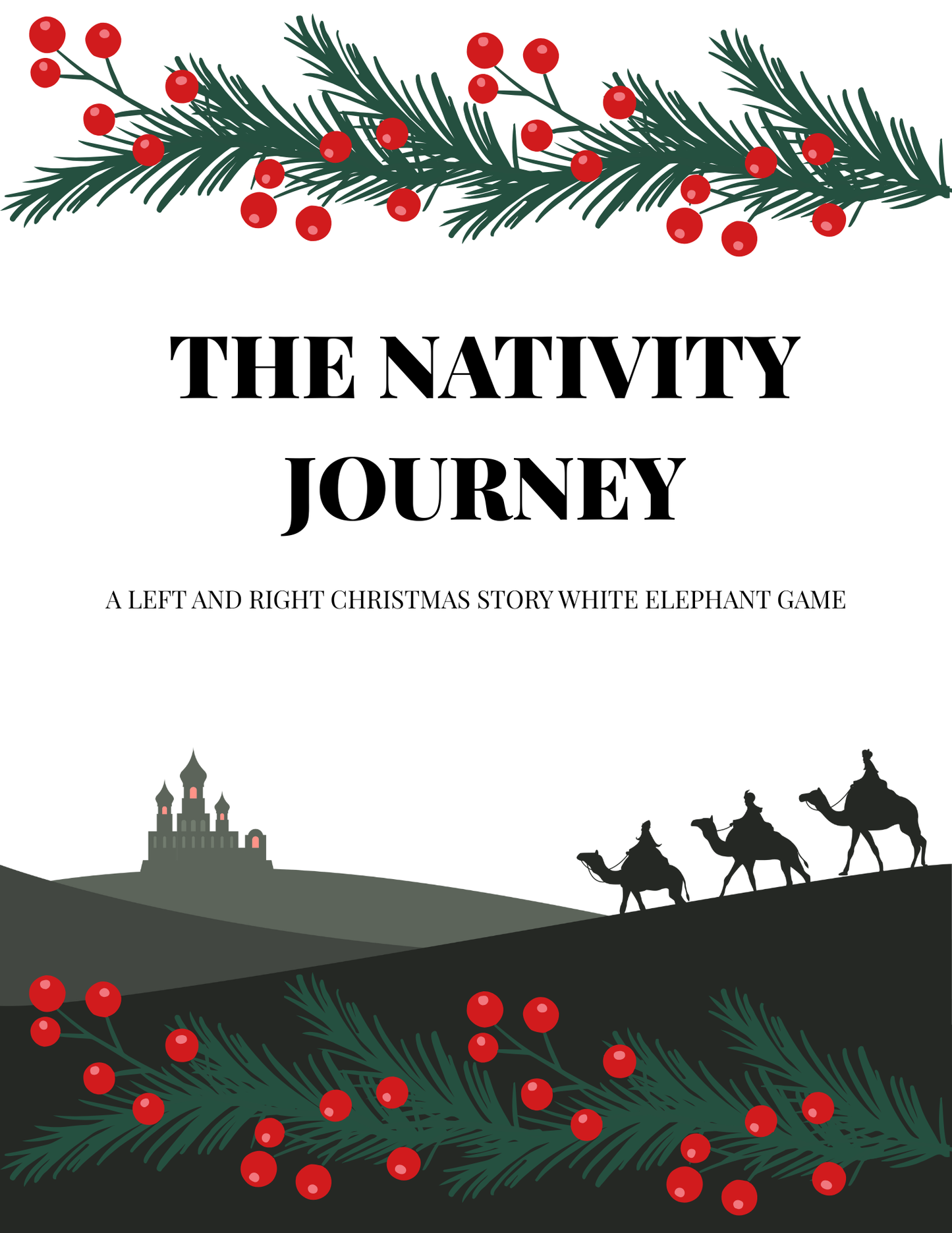 Cover of 'The Nativity Journey' Christmas game with silhouette of three wise men and a temple.