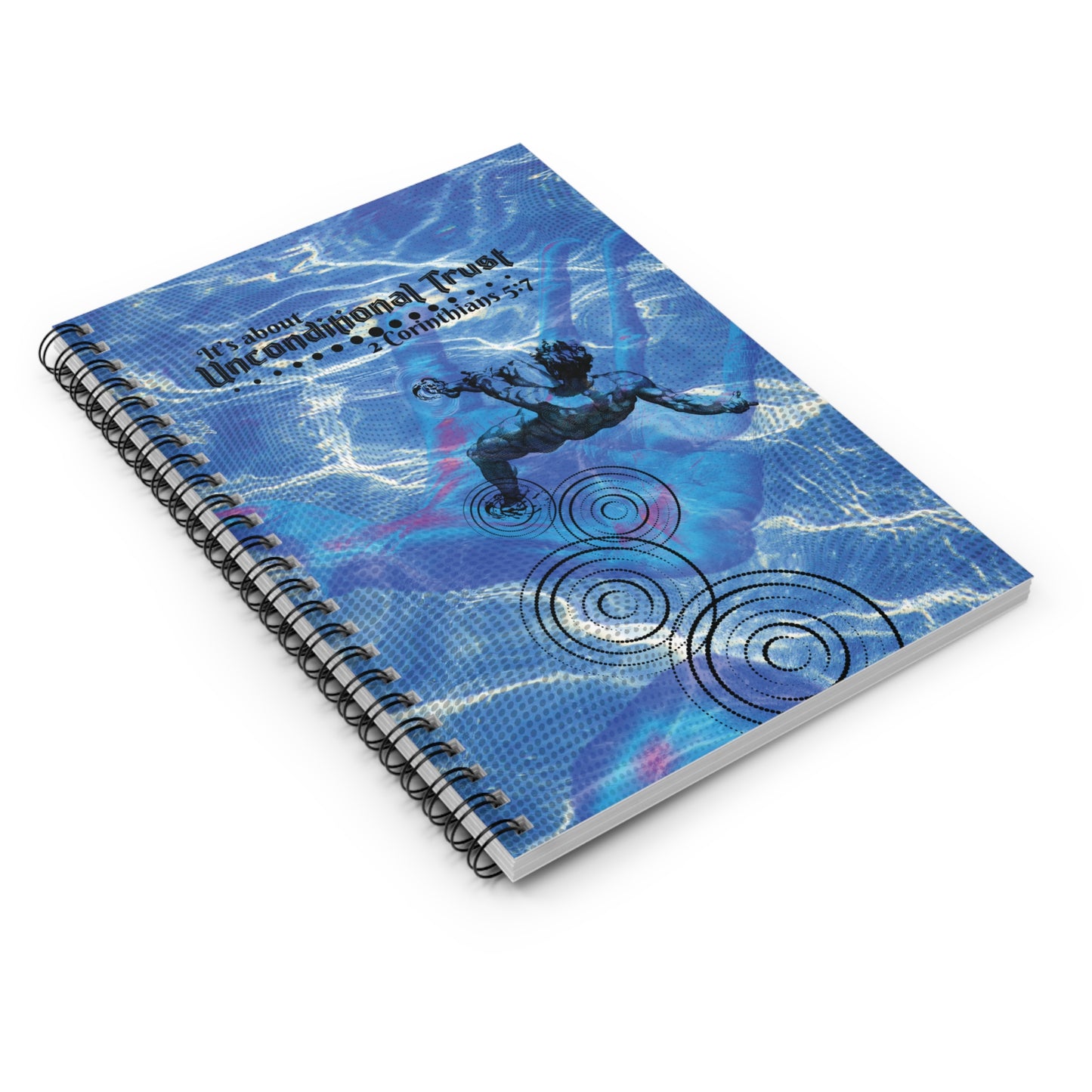 Perspective view of the Unconditional Trust Spiral Christian Journal showing it's finish, edges and vibrant Christian illustration of 2 Corinthians 5:7 powerful message to walk by faith, not by sight.