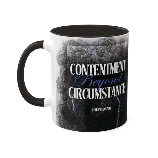 Philippians 4:11 - 'Contentment beyond Circumstance' Scripture Coffee Mugs Black interior and handle, Front view, no background
