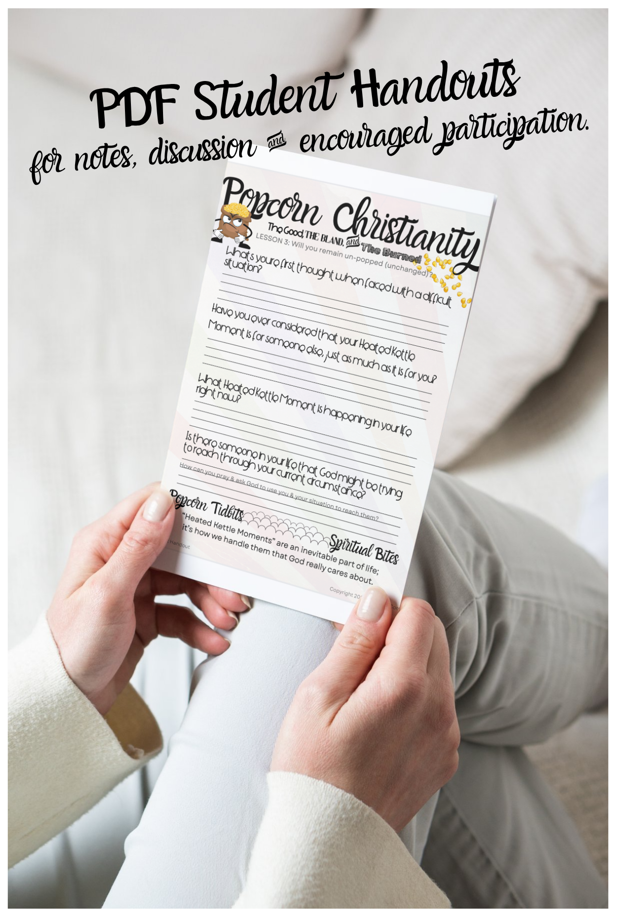 Person holding a 'Popcorn Christianity' worksheet with text overlay about PDF student handouts.
