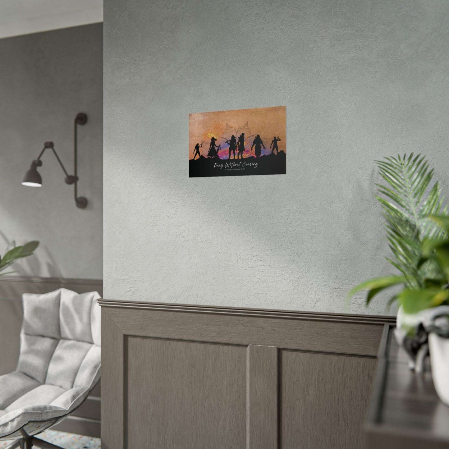 1 Thessalonians 5:17- 'Pray without Ceasing' Christian Art Poster 17 x 11 size example on wall in living room