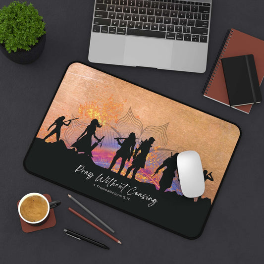 1 Thessalonians 5:17 - 'Pray without Ceasing' Christian Desk Mat 12 x 18 Top View in Use on Desk next to laptop and office utensils.