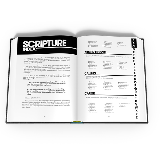 Open book with a 'Scripture Index' on a white background