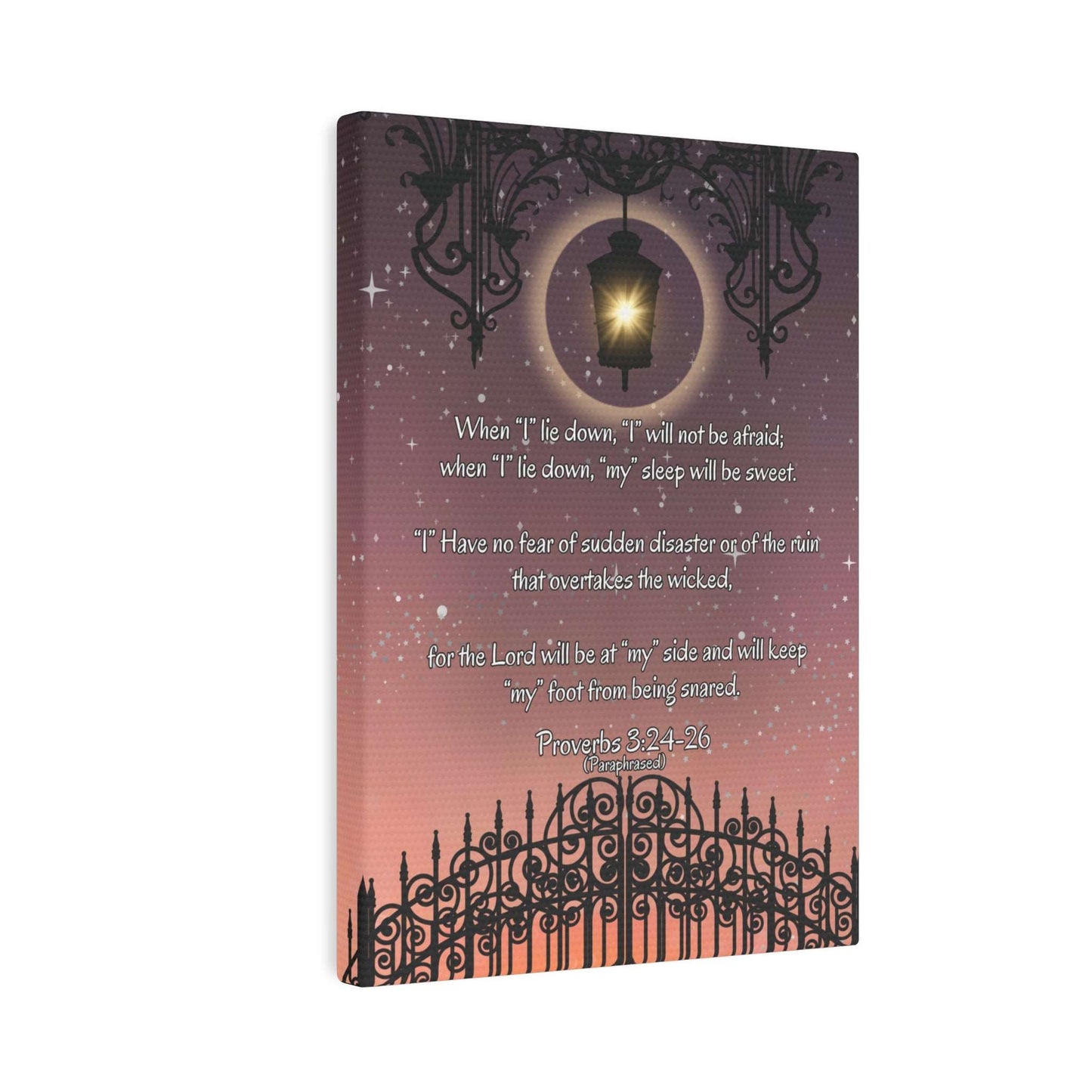 Proverbs 3:24-26 - 'When I lie down, I will not be afraid' Christian Canvas Wall Art angled Display to show 5x7 canvas wrap
