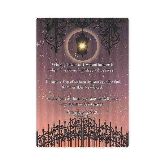 Proverbs 3:24-26 - 'When I lie down, I will not be afraid' Christian Canvas Wall Art Front Display exampling canvas texture and detail