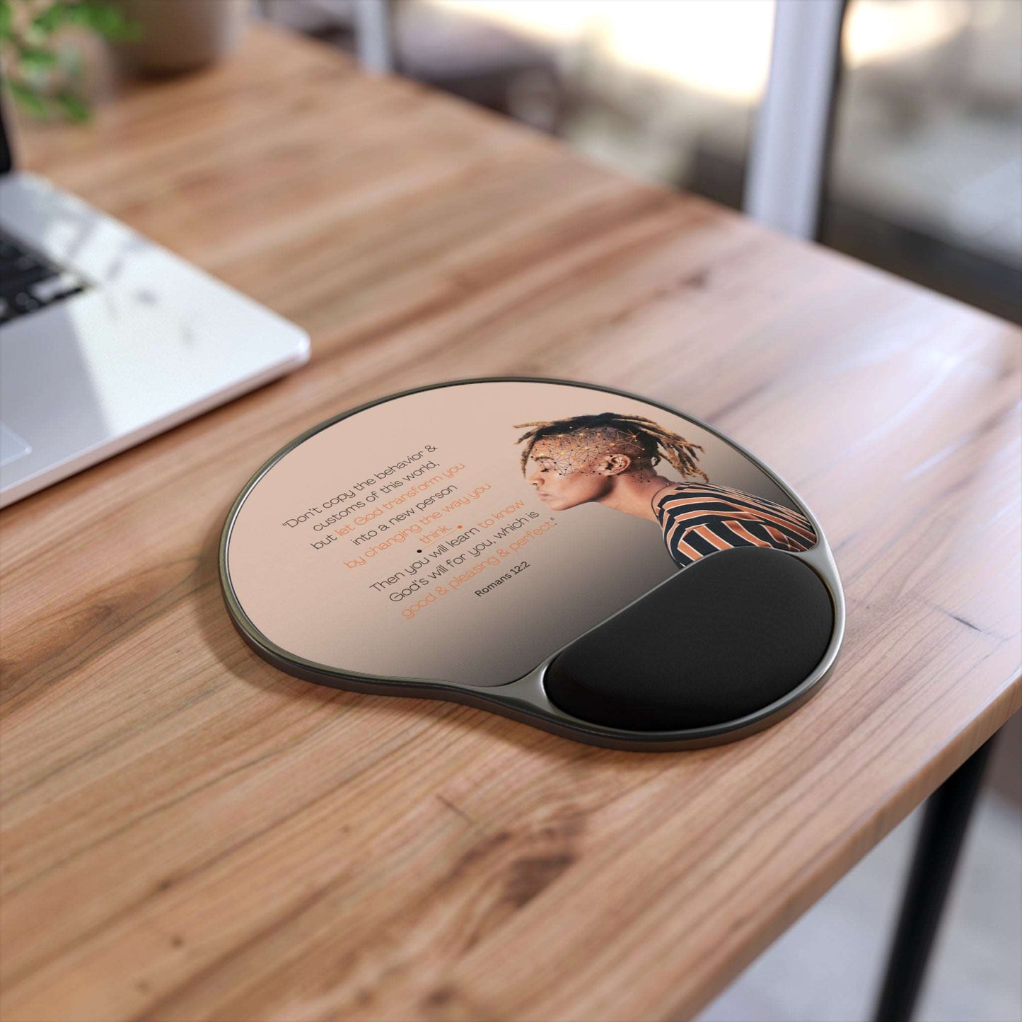 Romans 12:2 - 'Let God Transform You' Scripture Mouse Pad angled view on desk near laptop.