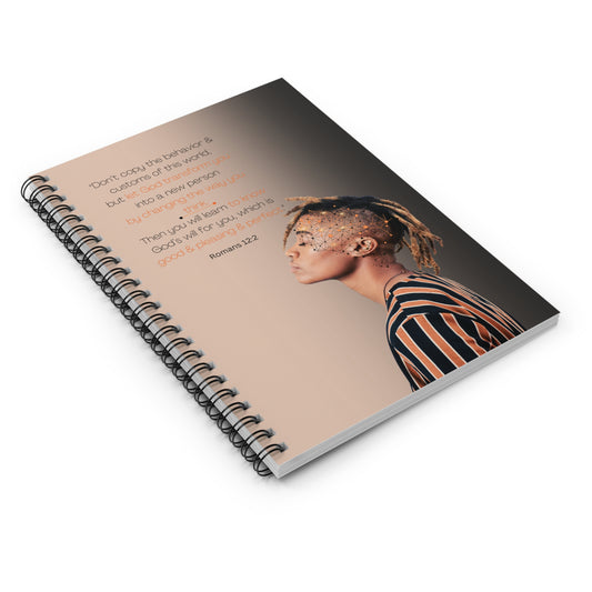 Romans 12:2 - 'Let God Transform You' Spiral Christian Journal Laying Flat Front Cover, no background