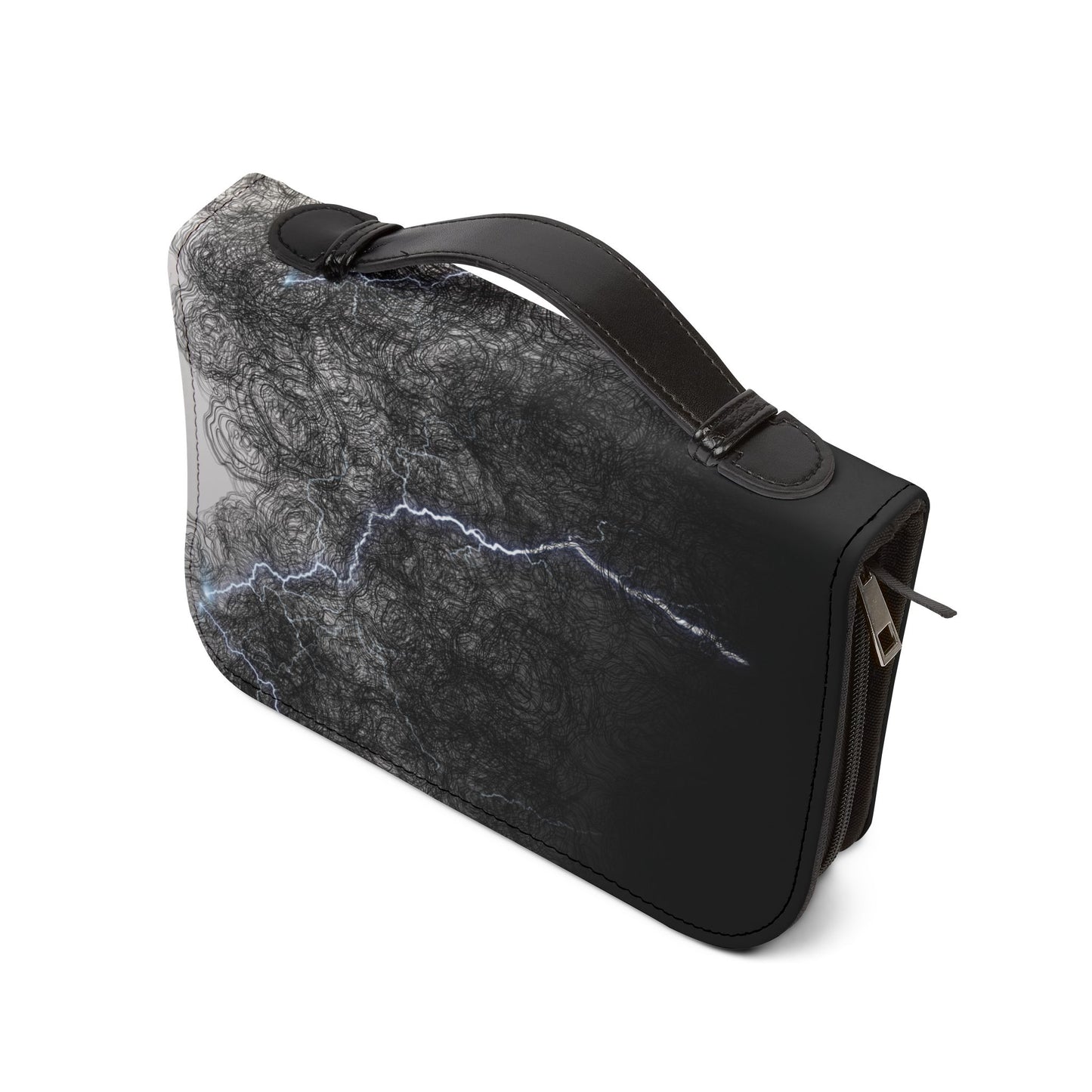 Side view of the Contentment beyond Circumstance Bible Cover featuring a durable zipper and convenient carry handle, designed for easy transport and secure protection of your Bible and study tools.