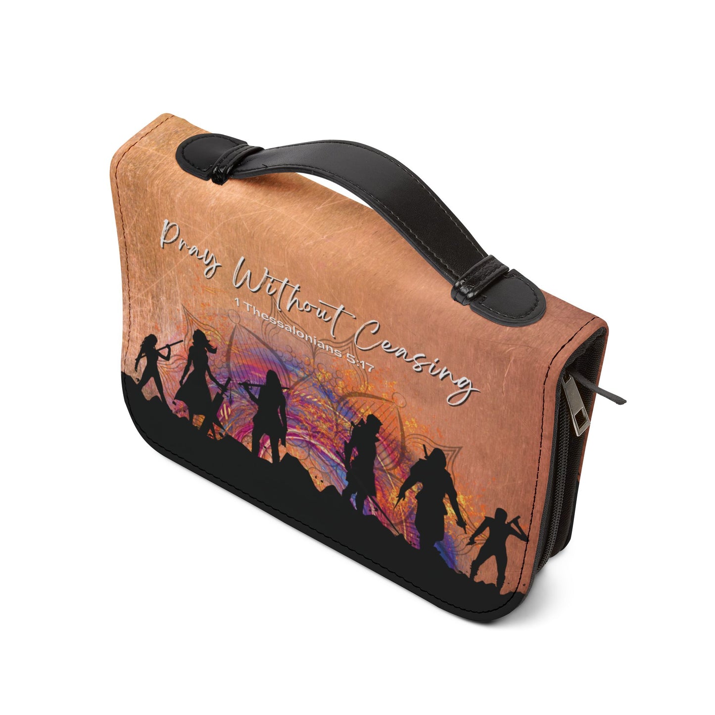 Side view of the Prayer Warrior's Bible Cover featuring a durable zipper and convenient carry handle, designed for easy transport and secure protection of your Bible and study tools.