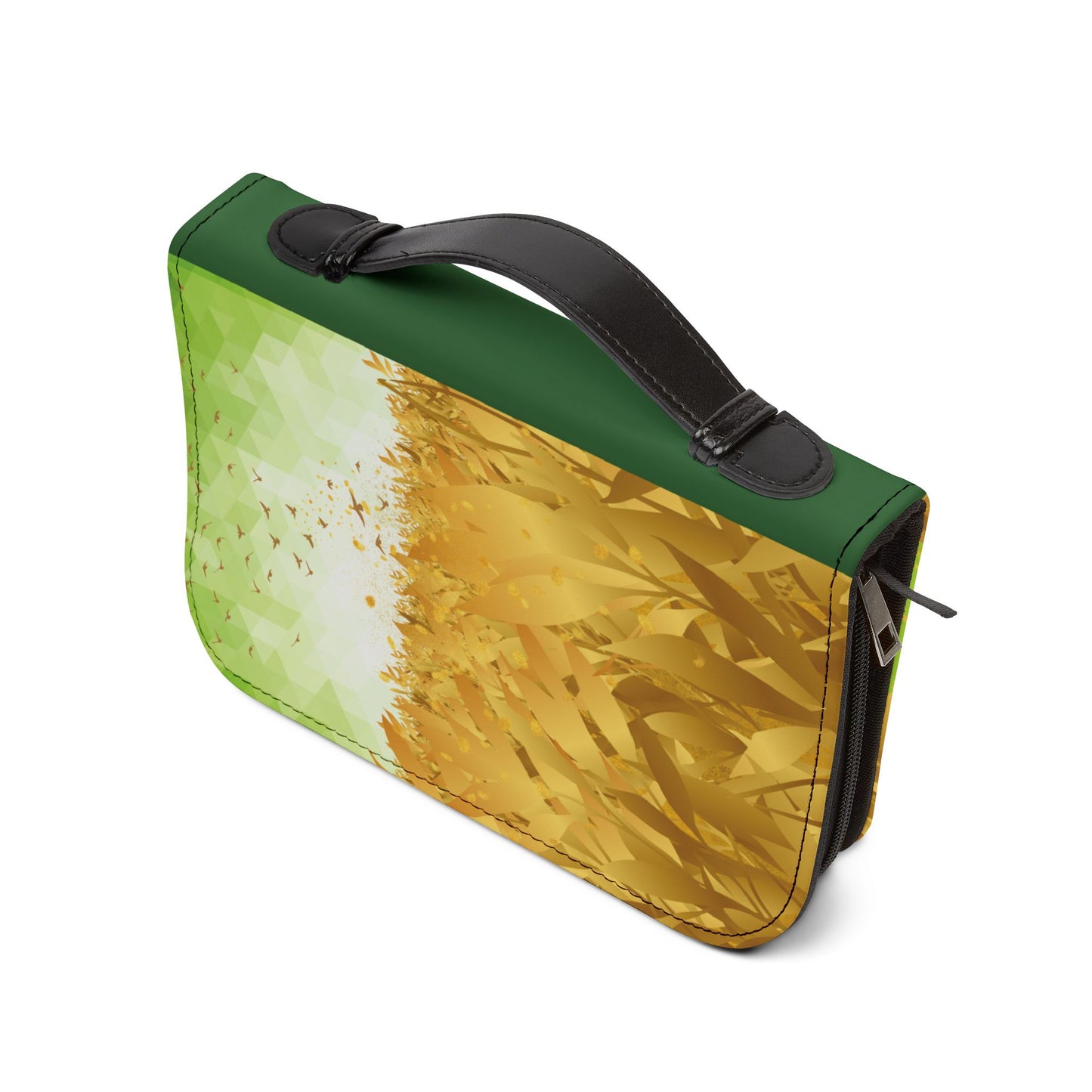 Side view of the Seek First the Kingdom Bible Cover featuring a durable zipper and convenient carry handle, designed for easy transport and secure protection of your Bible and study tools.