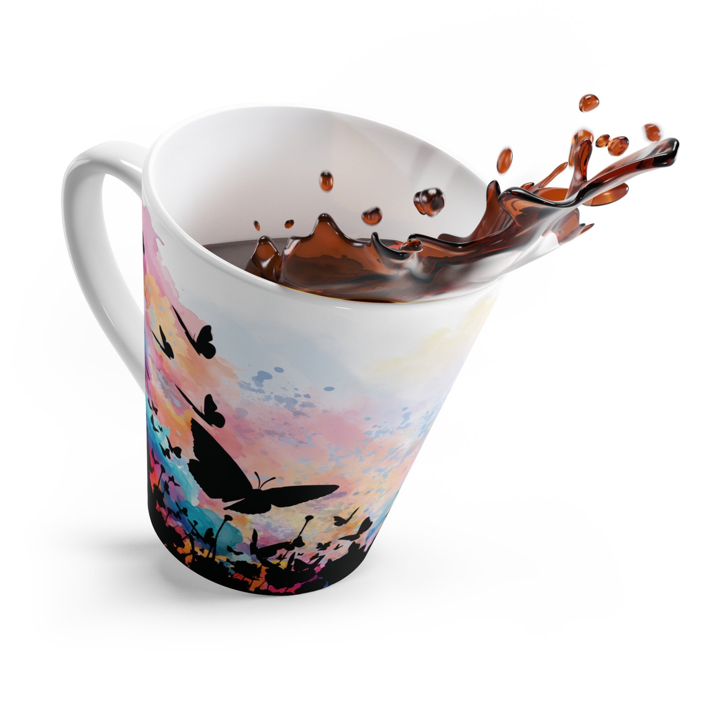 The Everlasting to Everlasting Latte-style coffee mug with curved handle and Christian encouragement, tipped slightly to it's side with a dark liquid splashing out.