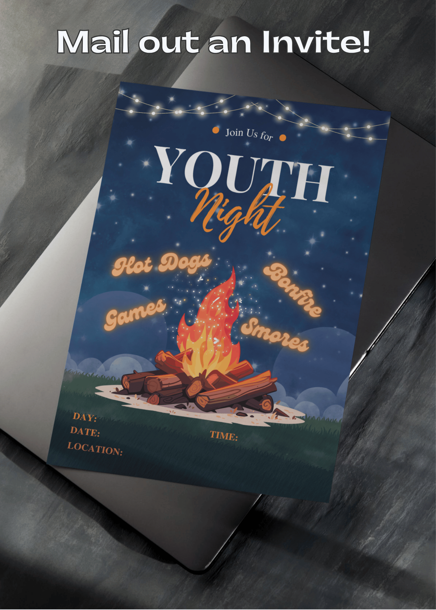 Mail Out Invitation example of the customizable flyer for 'Youth Night Bonfire' with a campfire design on a dark surface.