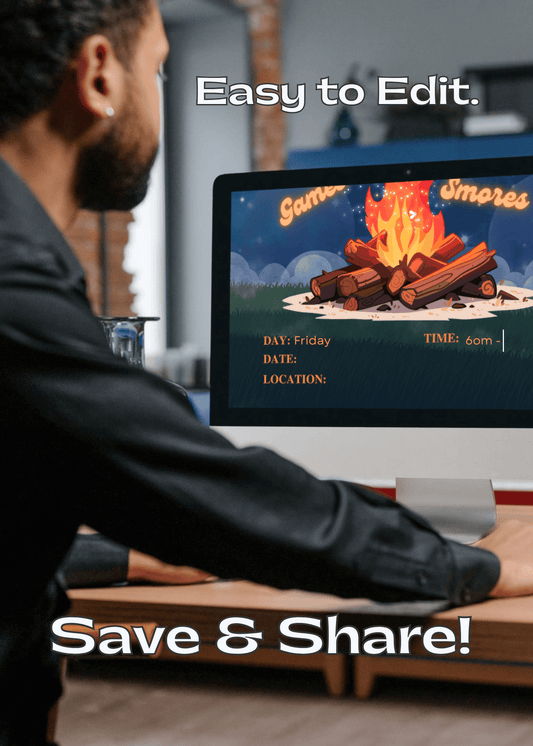 Youth Leader using a computer to customize the editable "Youth Group Bonfire" Flyer, text 'Easy to Edit. Save & Share!' overlay.