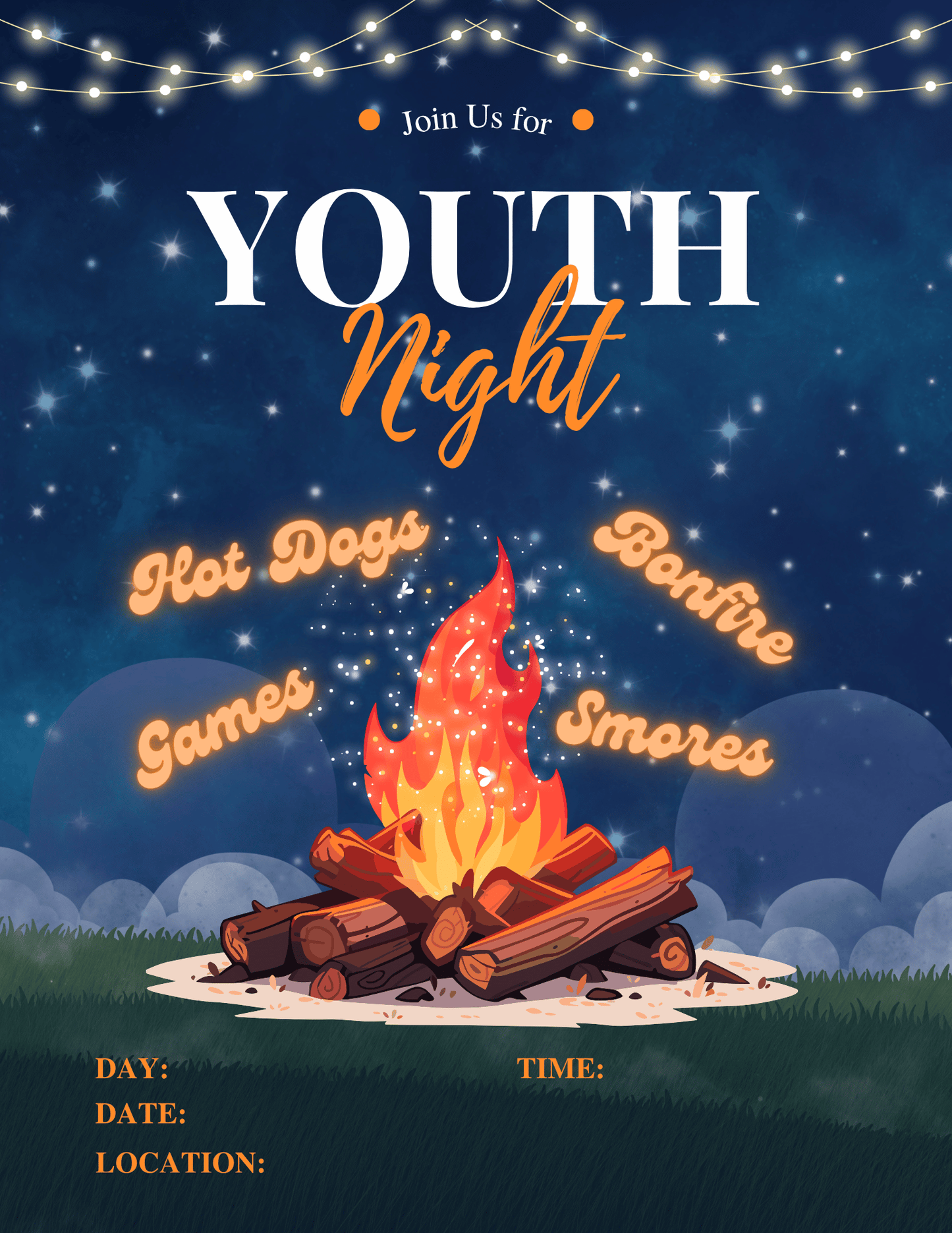 Customizable Youth Group Flyer for 'Youth Night Bonfire' with a campfire and starry night design.