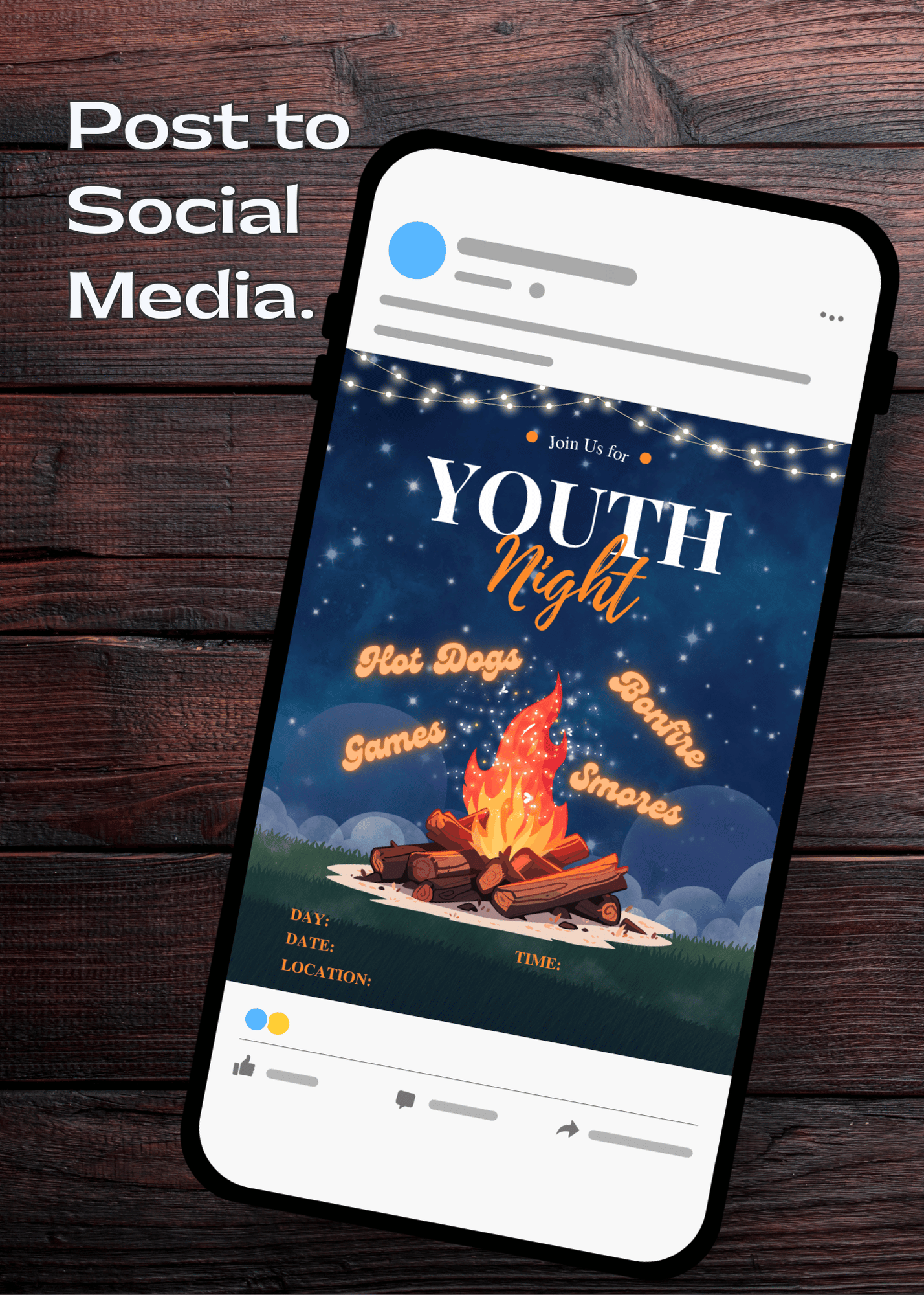 Phone screen displaying a customizable 'Youth Night Bonfire' event flyer on social media, sitting on a wooden background.
