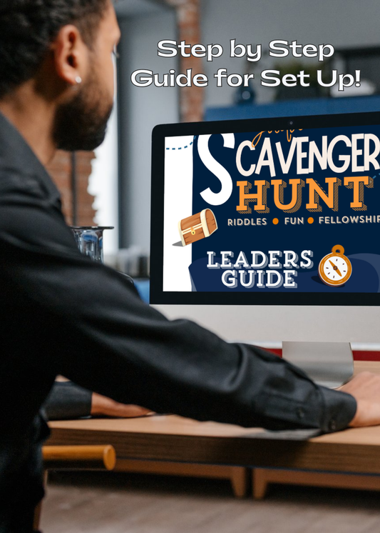 Youth pastor using a computer to read the 'Scavenger Hunt' leader's guide with step-by-step instructions for the youth game setup!