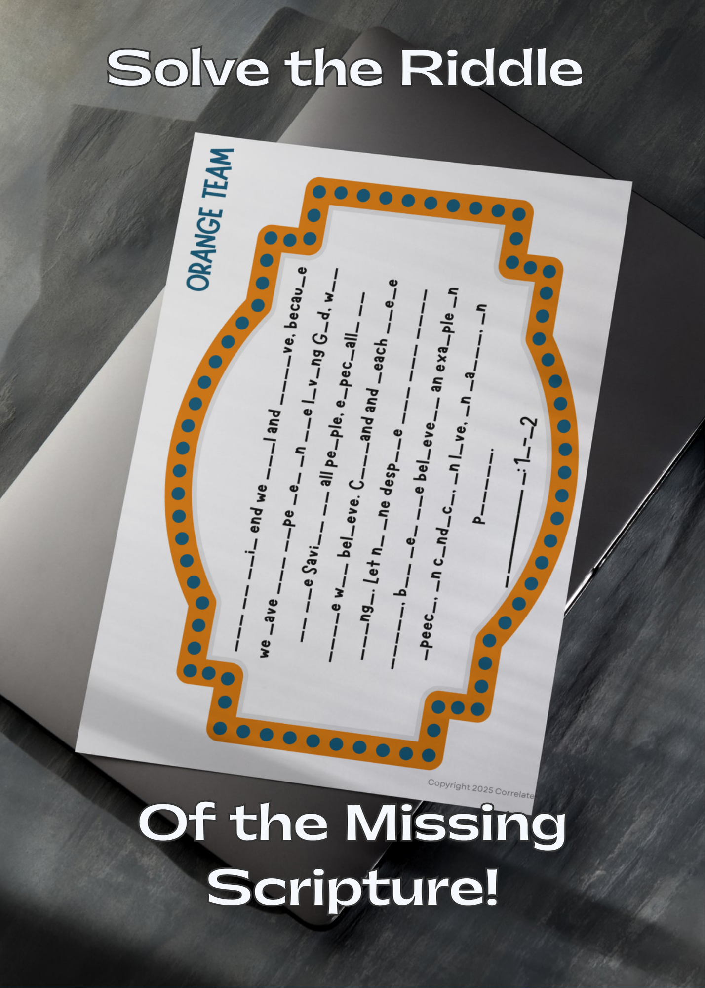 Youth Group Scavenger Hunt's final puzzle: "The missing scripture" sitting on a dark surface