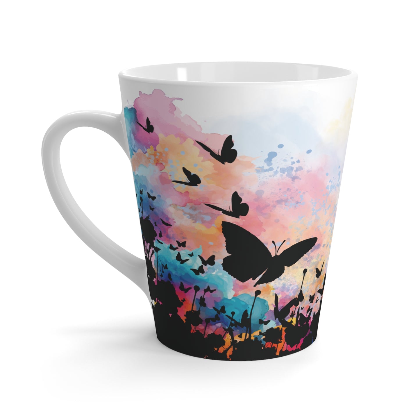 Tall ceramic mug with faith-based message and vivid Christian artwork highlighting the left side of the Everlasting to Everlasting Latte Mug design of colorful skies, delicate blossoms and fragile butterflies.