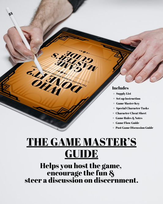 Man holding tablet with the Game Master’s Guide for Who Done It?, a printable church mystery game for youth ministry leaders.