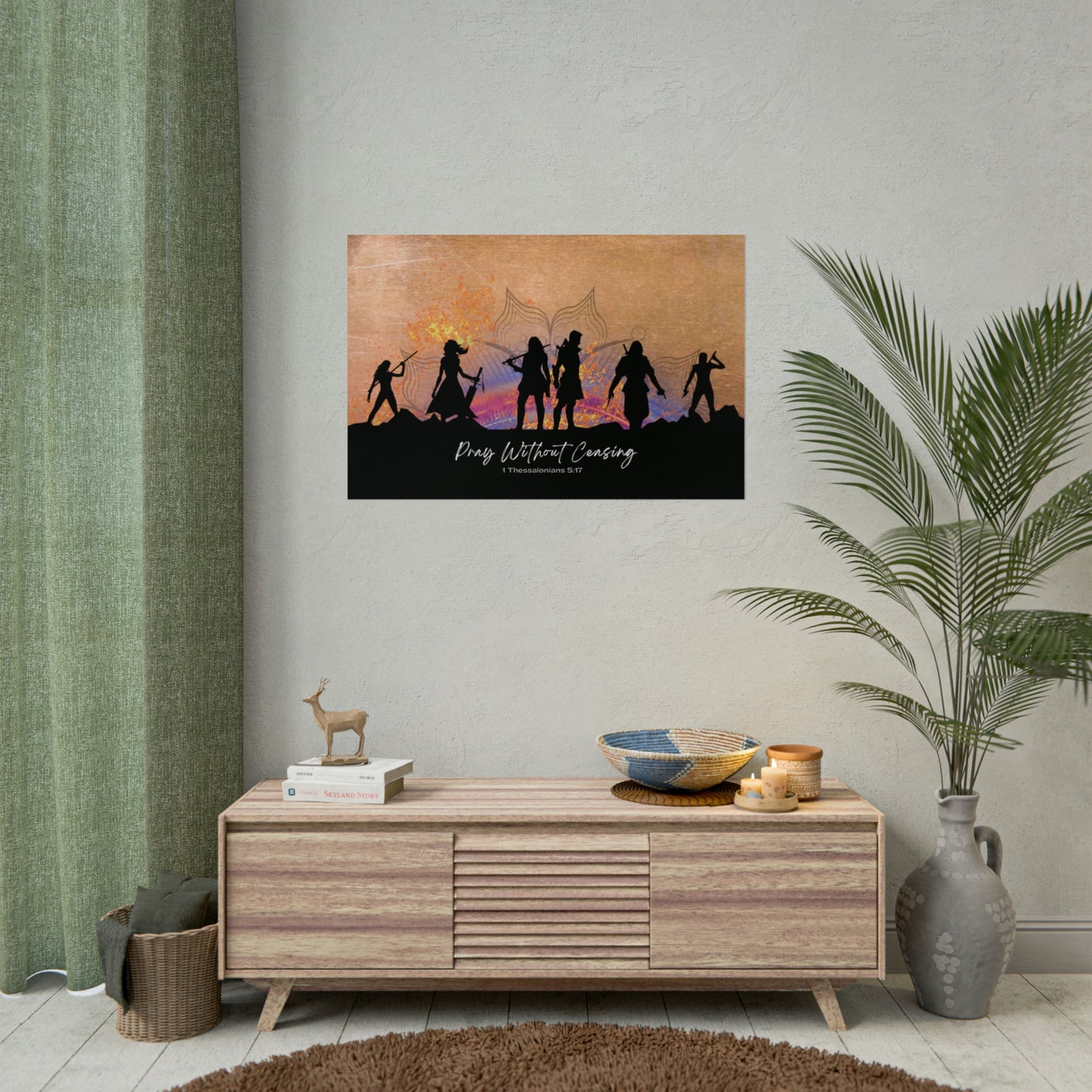 "Pray without Ceasing" The Prayer Warrior's Call Poster, A Modern Christian Wall Art example front view, displayed on a living room wall above a coffee table. 