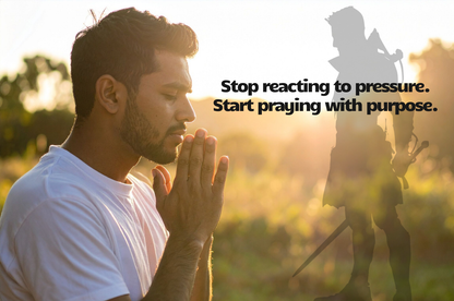 Man in a white shirt praying with a shadowed silhouette of a person holding a sword next to him. Text overlay says: Stop reacting to pressure. Start praying with purpose.