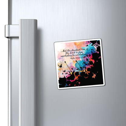 3x3 example of the Everlasting to Everlasting Christian Magnets inspired by Psalm 103:15–17.  A Bible verse magnet and a constant reminder of God's unwavering love throughout the changing seasons of life, displayed on stainless steel fridge door.