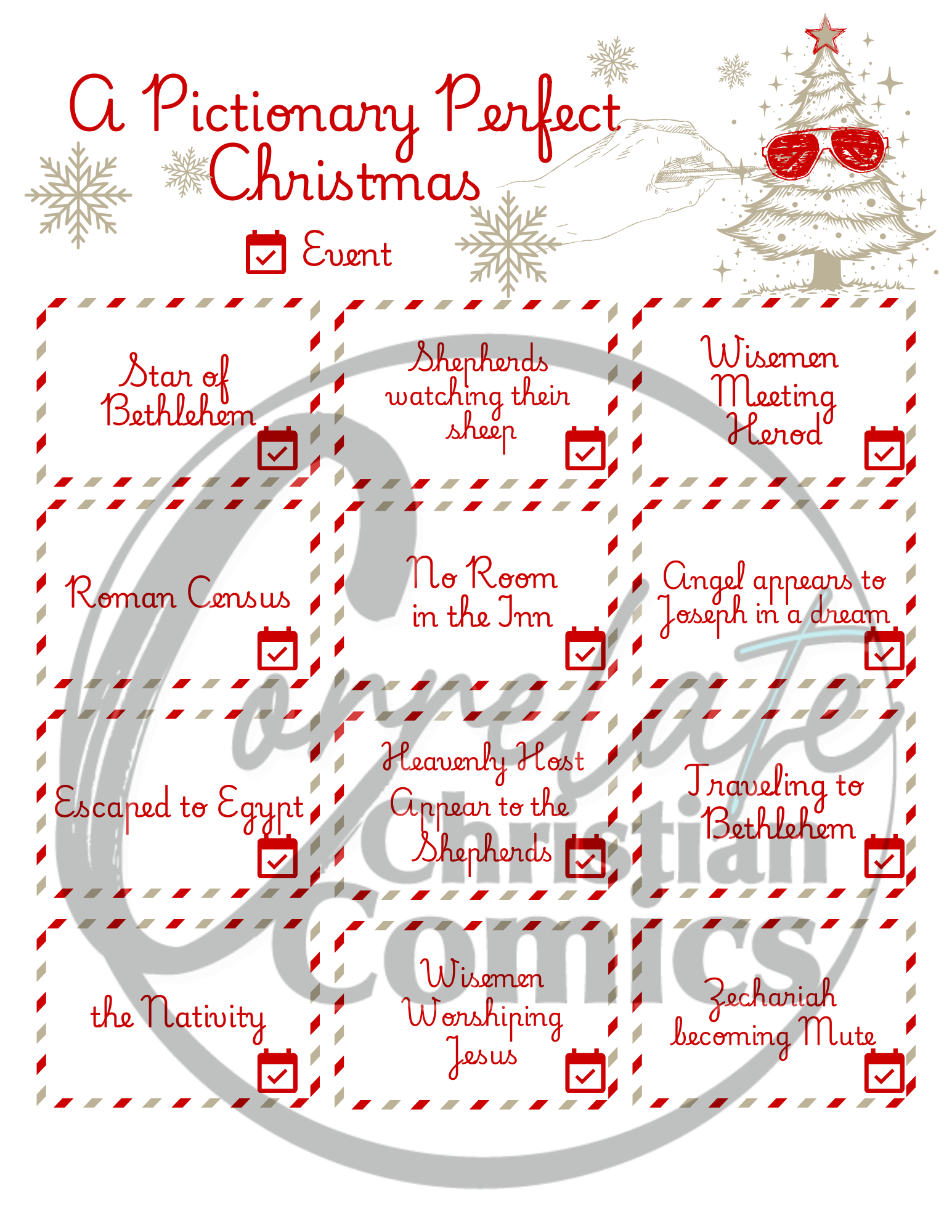 A Pictionary Perfect Christmas Christmas Story Events card Examples with Correlate Comics Watermark
