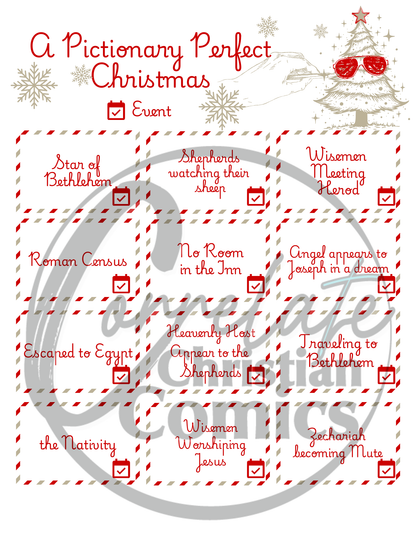 A Pictionary Perfect Christmas Christmas Story Events card Examples with Correlate Comics Watermark