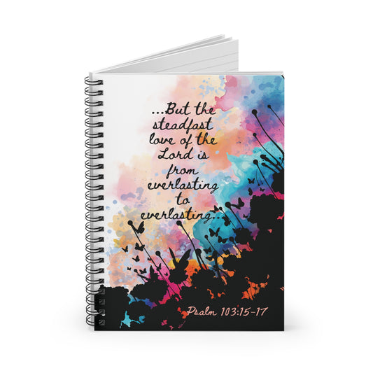 Angle view of slightly open Everlasting to Everlasting Spiral Christian Journal  a faith-based journal showing sturdy cover and bold artwork.
