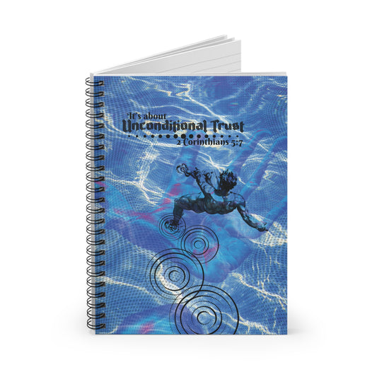 Angle view of slightly open Unconditional Trust Spiral Christian Journal a faith-based journal showing sturdy cover and bold artwork.