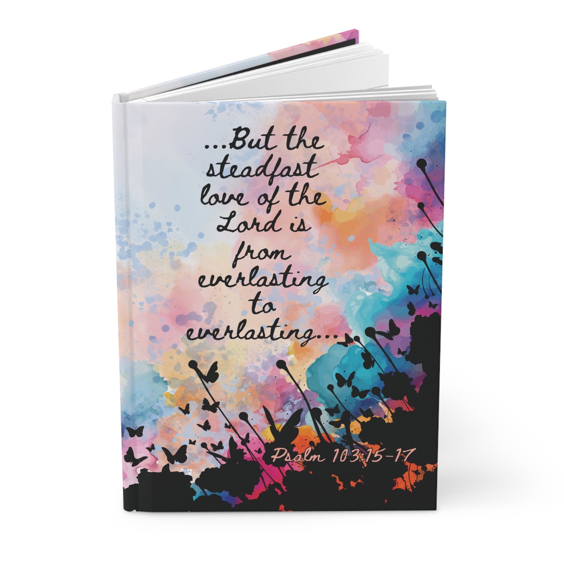 Angle view the Everlasting to Everlasting Hardcover Christian Journal a  hardback faith-based journal showing sturdy cover and bold Christian artwork.