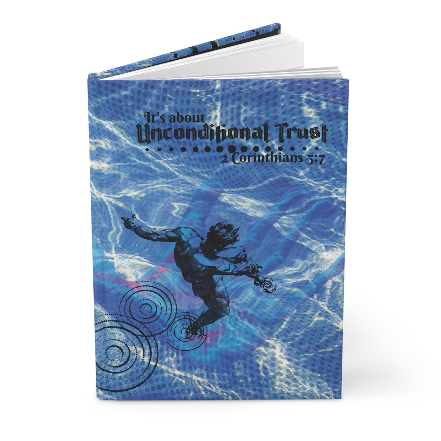 Angle view the Unconditional Trust Hardcover Christian Journal a  hardback faith-based journal showing sturdy cover and bold Christian artwork.